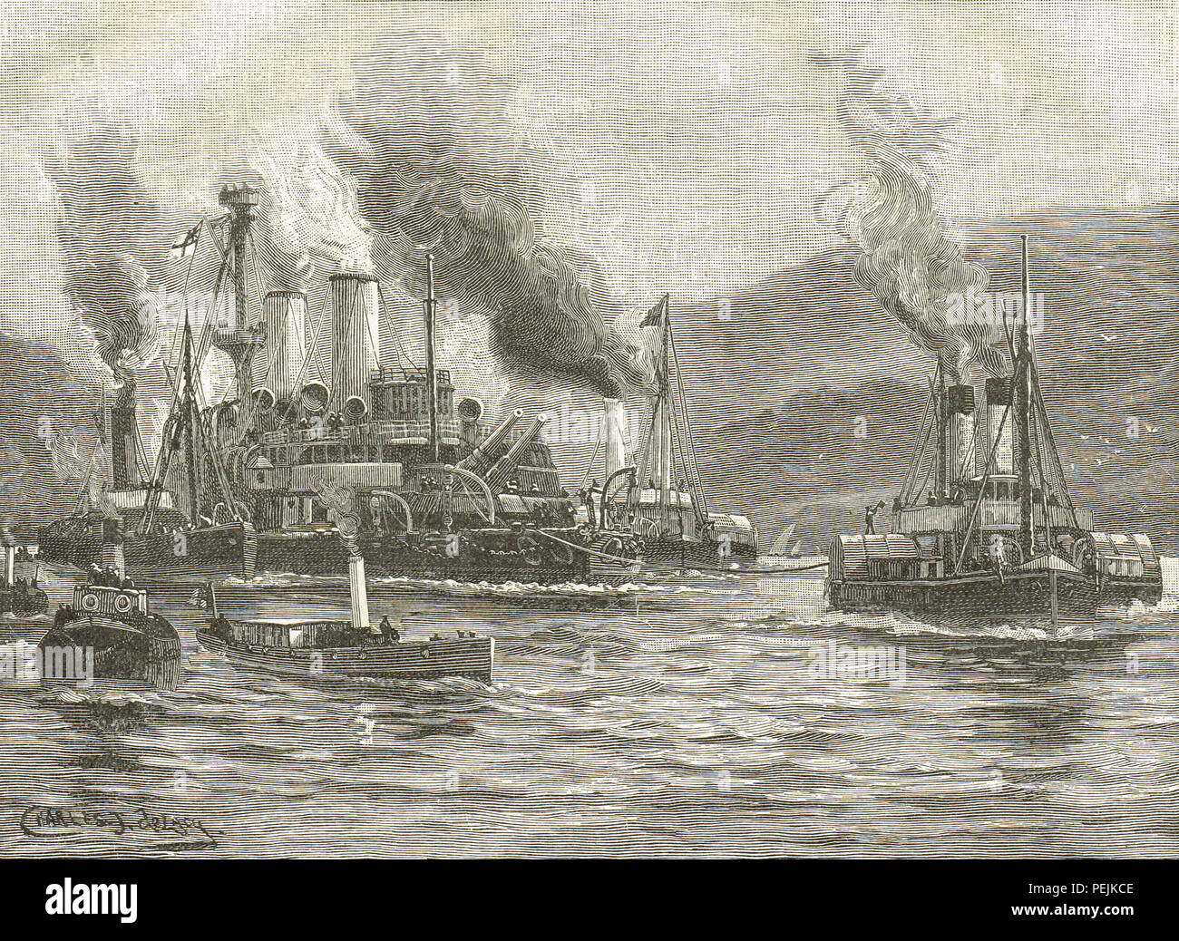 Remolque de HMS Howe en Ferrol, Puerto España, liberado por el HMS Caballito de mar 30 de marzo de 1893 Foto de stock
