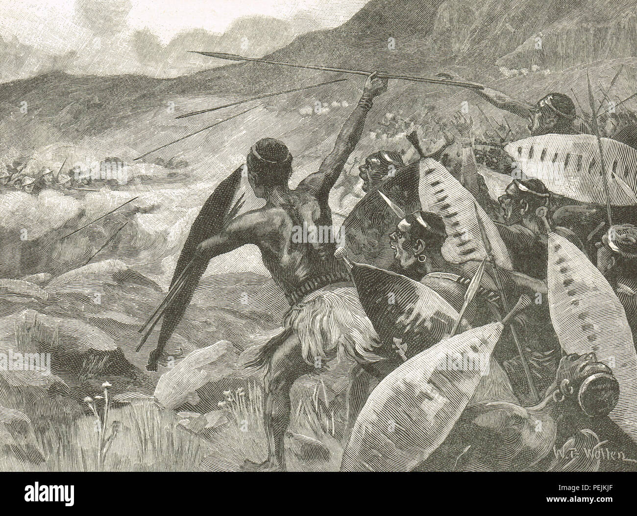 Los combates en el Matappo Hills, un cargo de guerreros Matabele, durante la Segunda Guerra Matabele de 1896 a 1897. También conocida como la rebelión de Matabeleland en Zimbabwe, y conocido como el primer Chimurenga Foto de stock