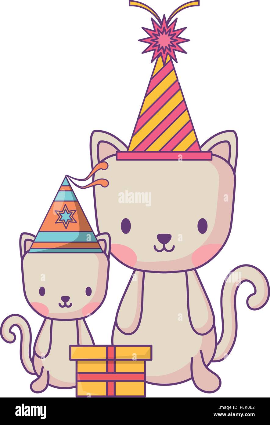 Feliz cumpleaños con diseño de gatos lindos con gorros de fiesta sobre  fondo blanco, ilustración vectorial Imagen Vector de stock - Alamy