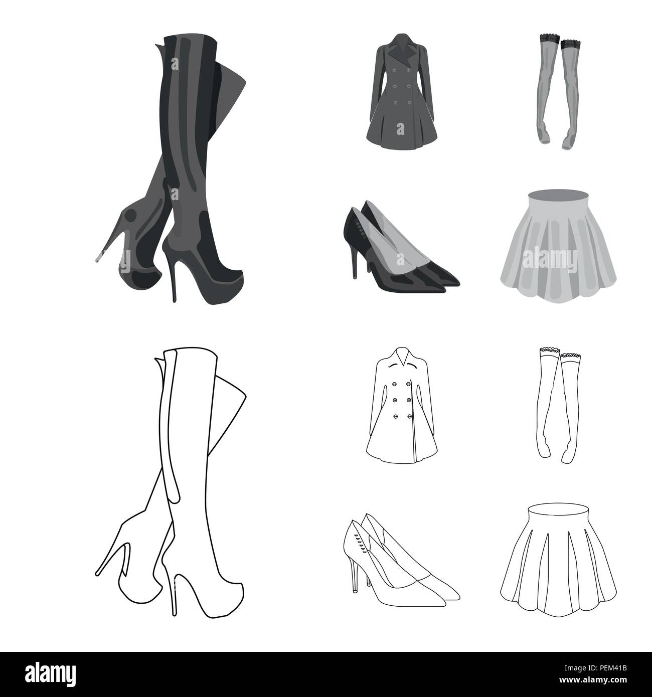 Las mujeres botas altas, abrigos en botones, medias con una banda de caucho  con un patrón, los zapatos de tacón alto. La mujer ropa de colección de  iconos en contorno,mon Imagen Vector