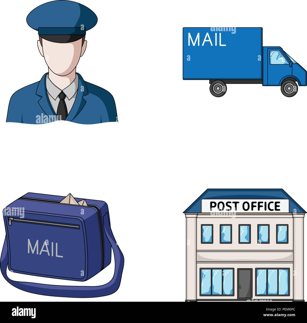 El cartero en uniforme, máquina de correo, bolsa para la correspondencia,  correos.Mail y cartero colección iconos de estilo de dibujos animados  símbolo vector stock Imagen Vector de stock - Alamy