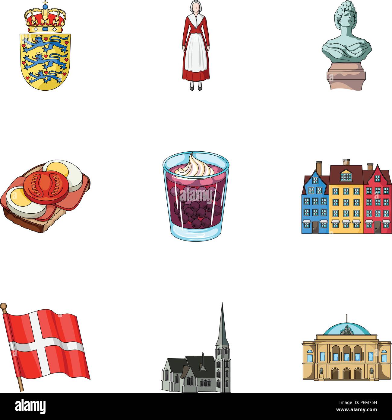 Corona, símbolo nacional, y otro icono en el estilo de dibujos animados.Dinamarca, turismo, restaurante iconos en conjunto. Ilustración del Vector