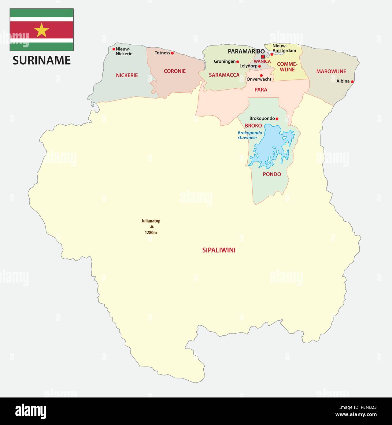 República de Suriname administrativo y político mapa de vectores con bandera. Ilustración del Vector