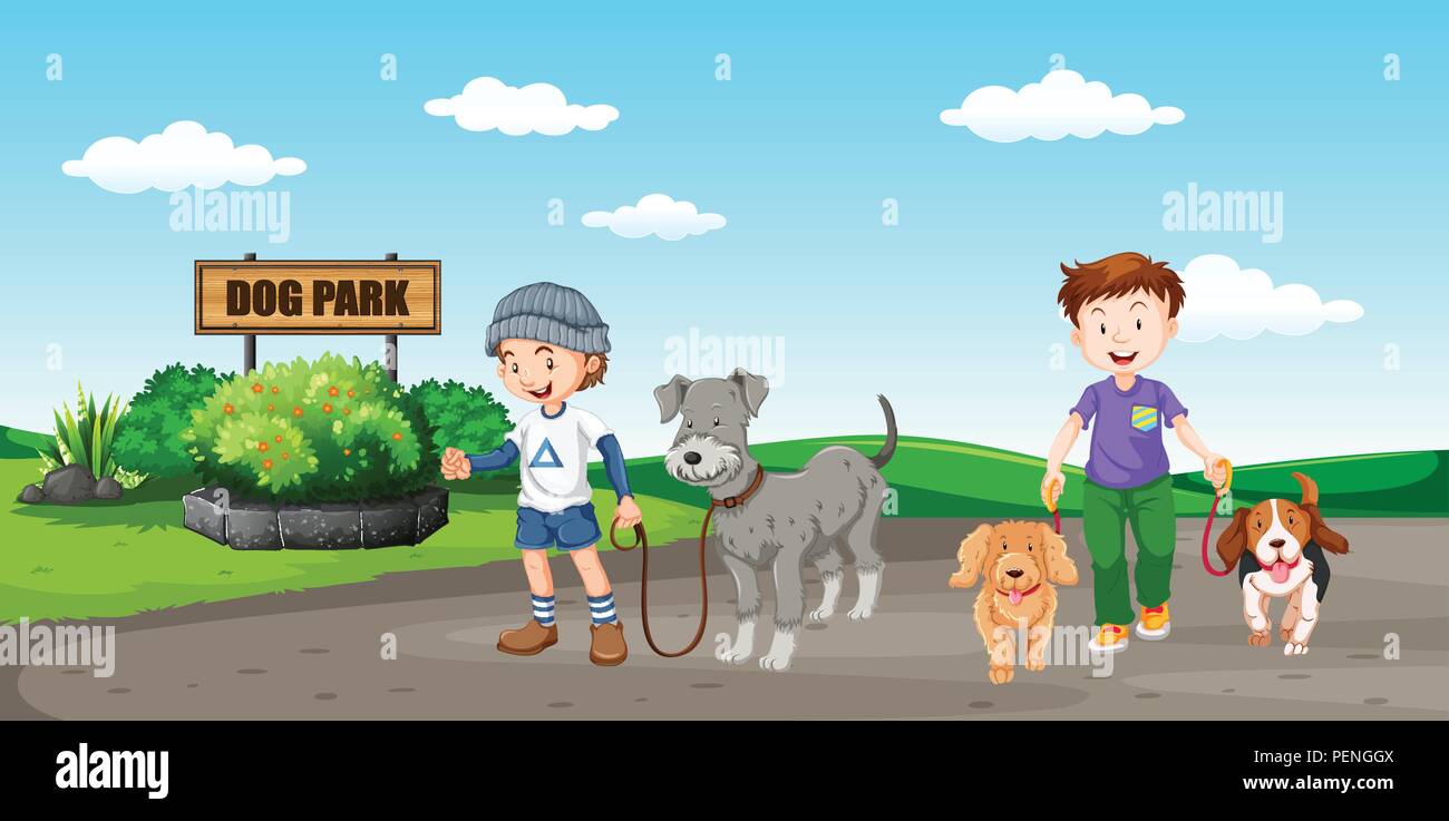 La gente paseando a un perro en el parque ilustración Imagen Vector de  stock - Alamy