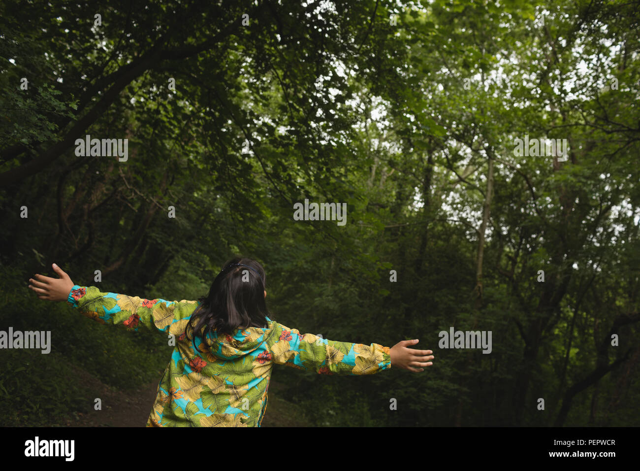 Chica de pie con los brazos extendidos en el bosque Foto de stock