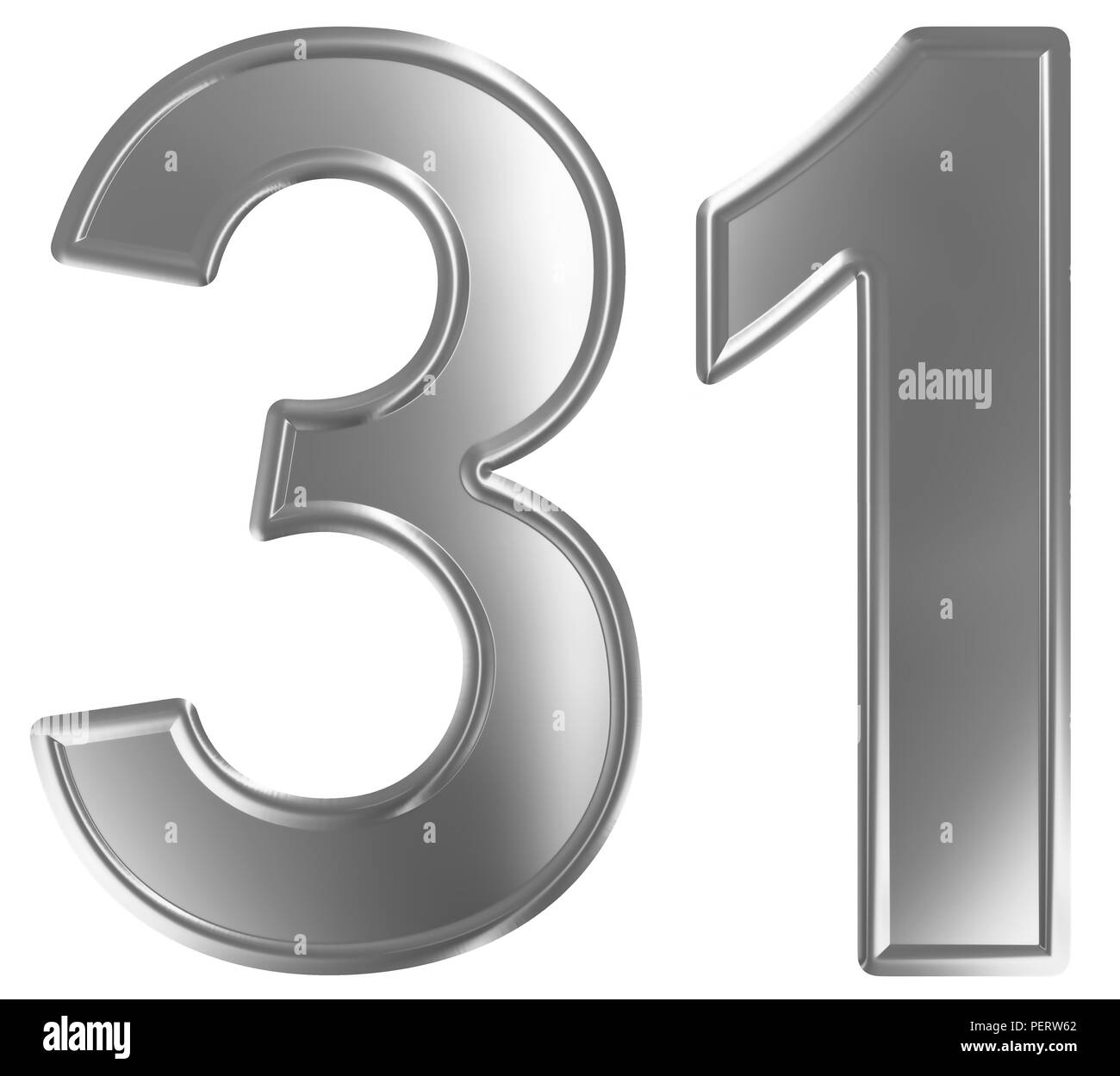 El numeral 31, treinta y uno, aislado sobre fondo blanco, 3D Render