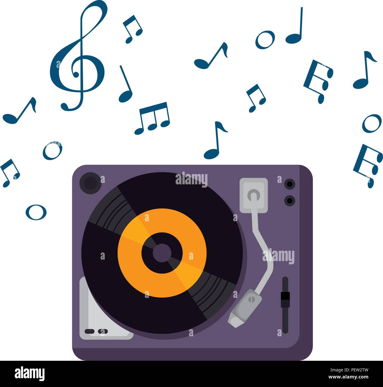 Tocadiscos de vinilo con notas musicales, diseño de ilustraciones