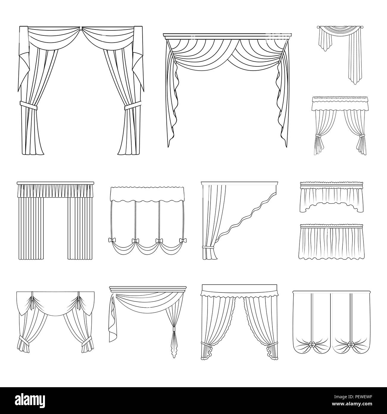 Diferentes tipos de cortinas outline iconos en conjunto para el diseño.  Cortinas y lambrequins símbolo vector stock ilustración Imagen Vector de  stock - Alamy