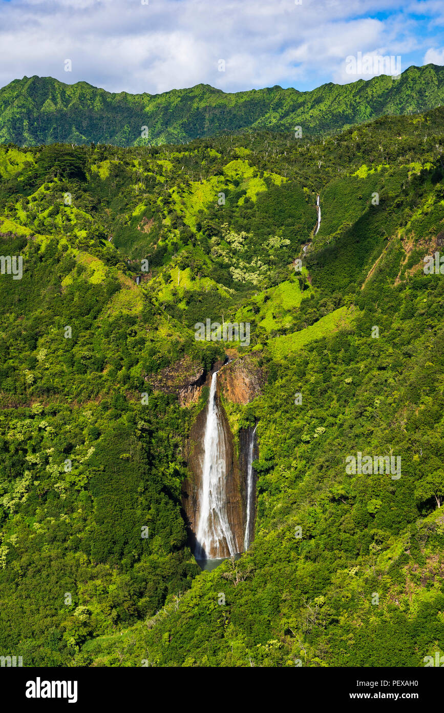 Manawaiopuna Falls (antena), también conocida como Jurassic Park Falls, Hanapepe Valley, Kauai, Hawaii, EE.UU. Foto de stock