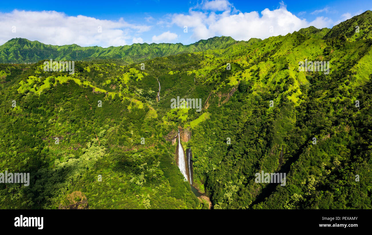 Manawaiopuna Falls (antena), también conocida como Jurassic Park Falls, Hanapepe Valley, Kauai, Hawaii, EE.UU. Foto de stock