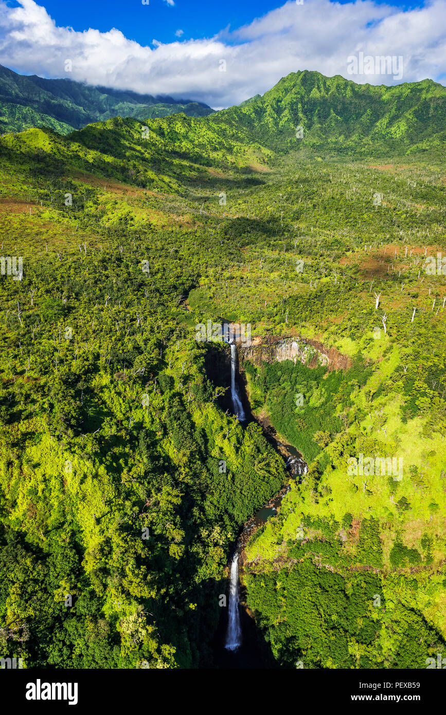 Kahili Falls (antena), Hanapepe Valley, Kauai, Hawaii, EE.UU. Foto de stock