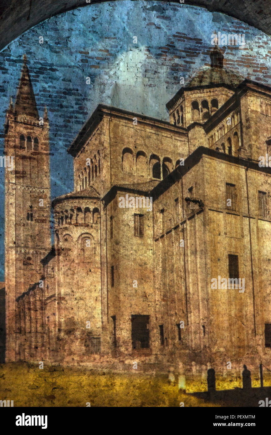 Castillo de la imagen proyectada en la pared de ladrillo, Lucca, Toscana, Italia Foto de stock