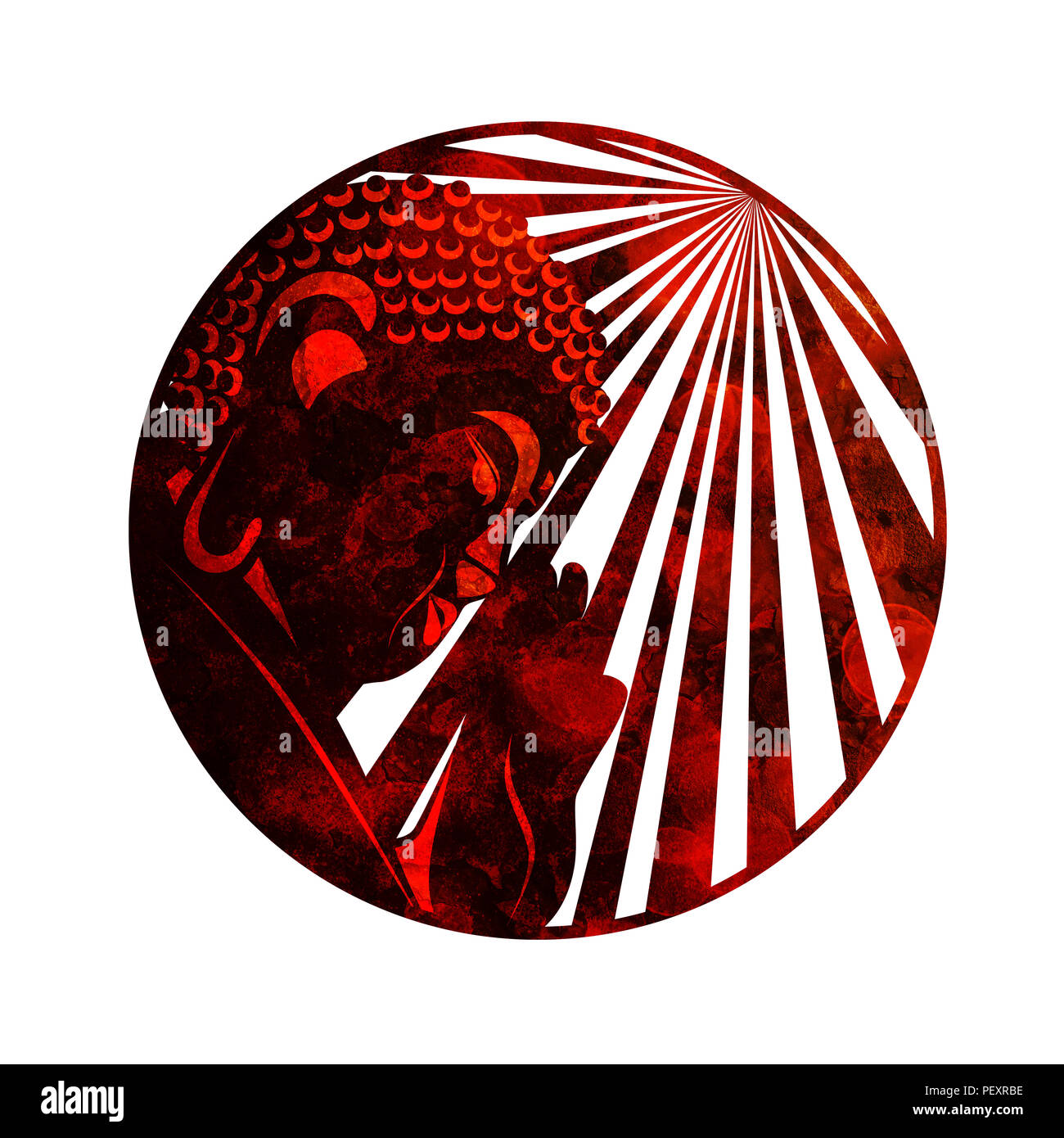Buda, planteadas con la palma de la mano y los rayos de luz solar en el borde del círculo rojo textura rústica grunge ilustración Foto de stock