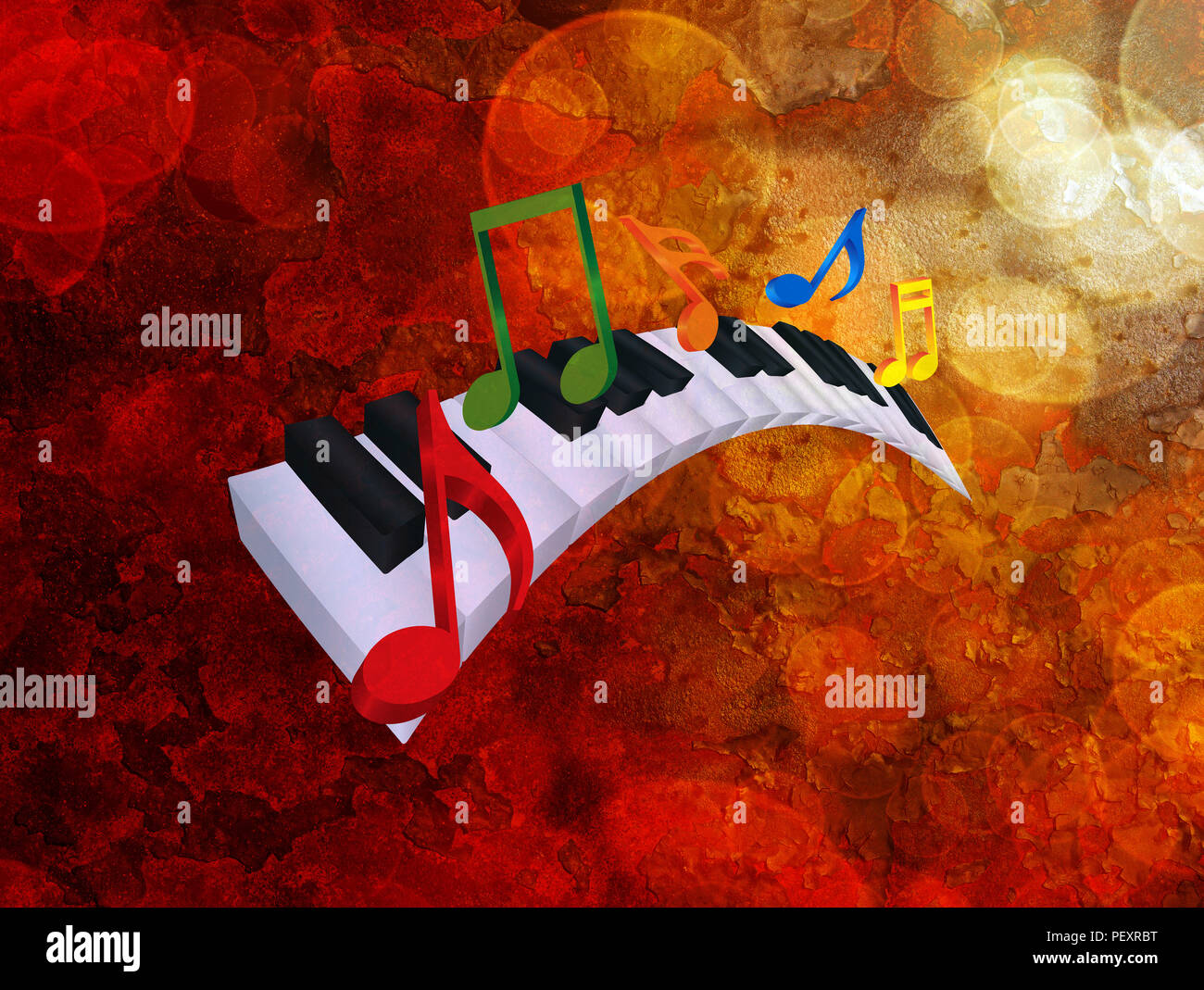 Piano teclado con teclas onduladas de color blanco y negro y colorida música notas en 3D ilustración de fondo de textura Grunge Foto de stock