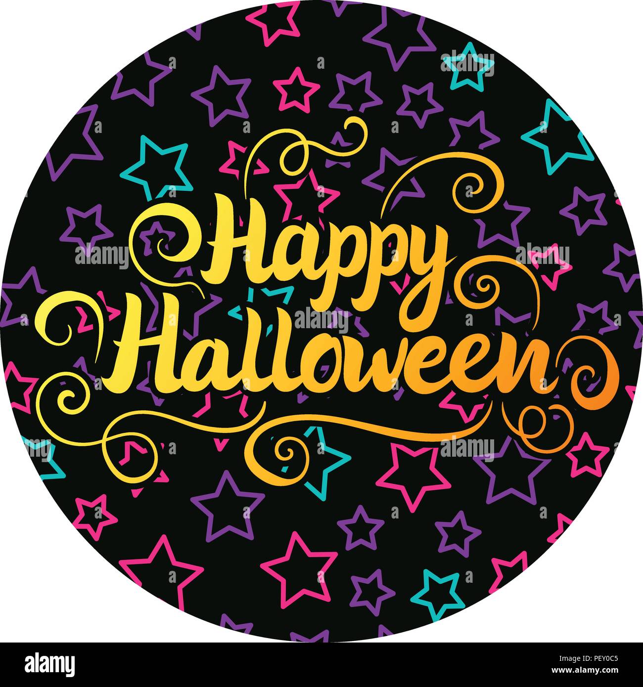 Feliz Halloween letras. Ilustración vectorial en la pegatina redonda de fondo negro con niños estrella. Ilustración del Vector