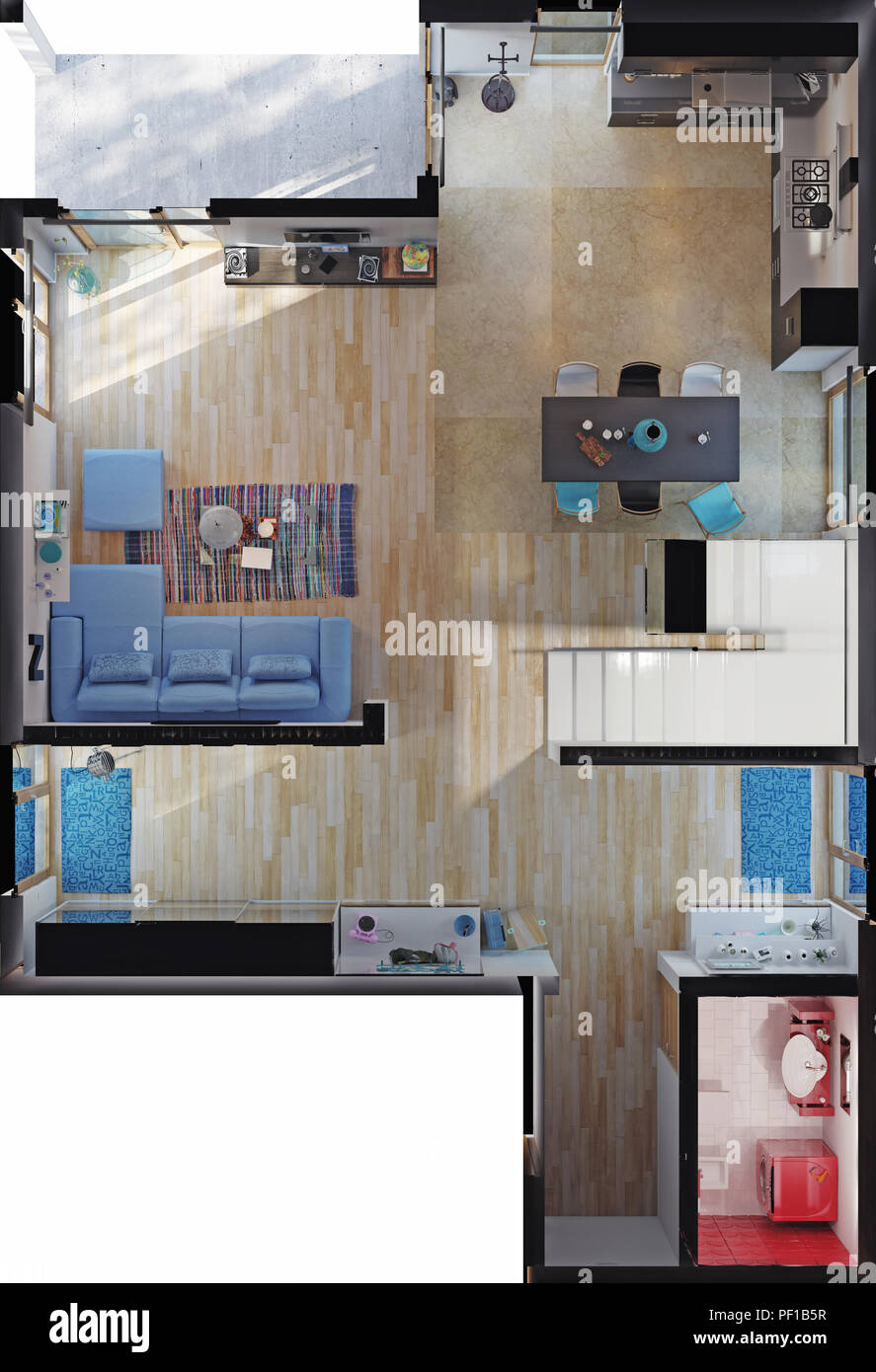 Las habitaciones de la casa moderna vista desde arriba. 3D rendering  Fotografía de stock - Alamy