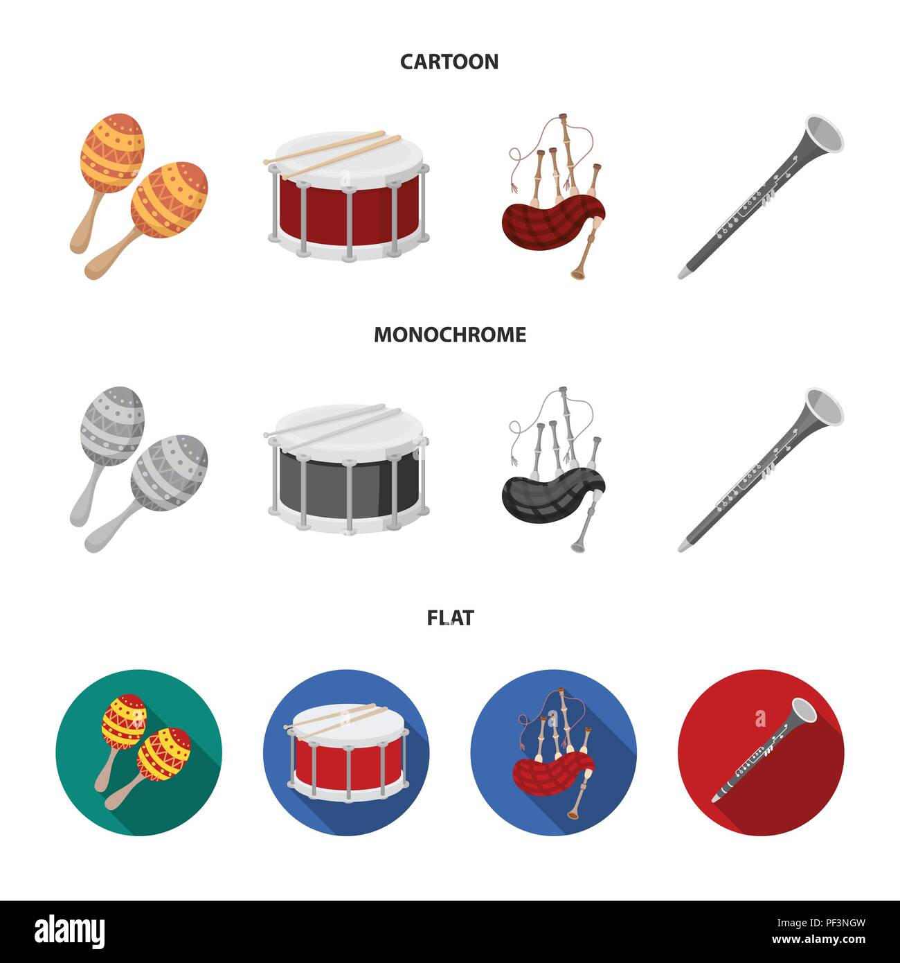 Las maracas, el tambor, la gaita escocesa, clarinete. Instrumentos musicales  de colección de iconos en cartoon,negro,estilo monocromo vector stock  symbol illustratio Imagen Vector de stock - Alamy