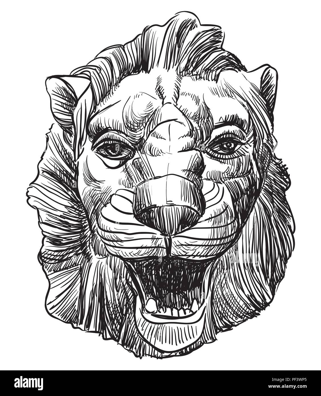 Antiguo relieve, escultura en forma de cabeza de león, vector de dibujo a mano alzada en la ilustración aislada de color negro sobre fondo blanco. Ilustración del Vector