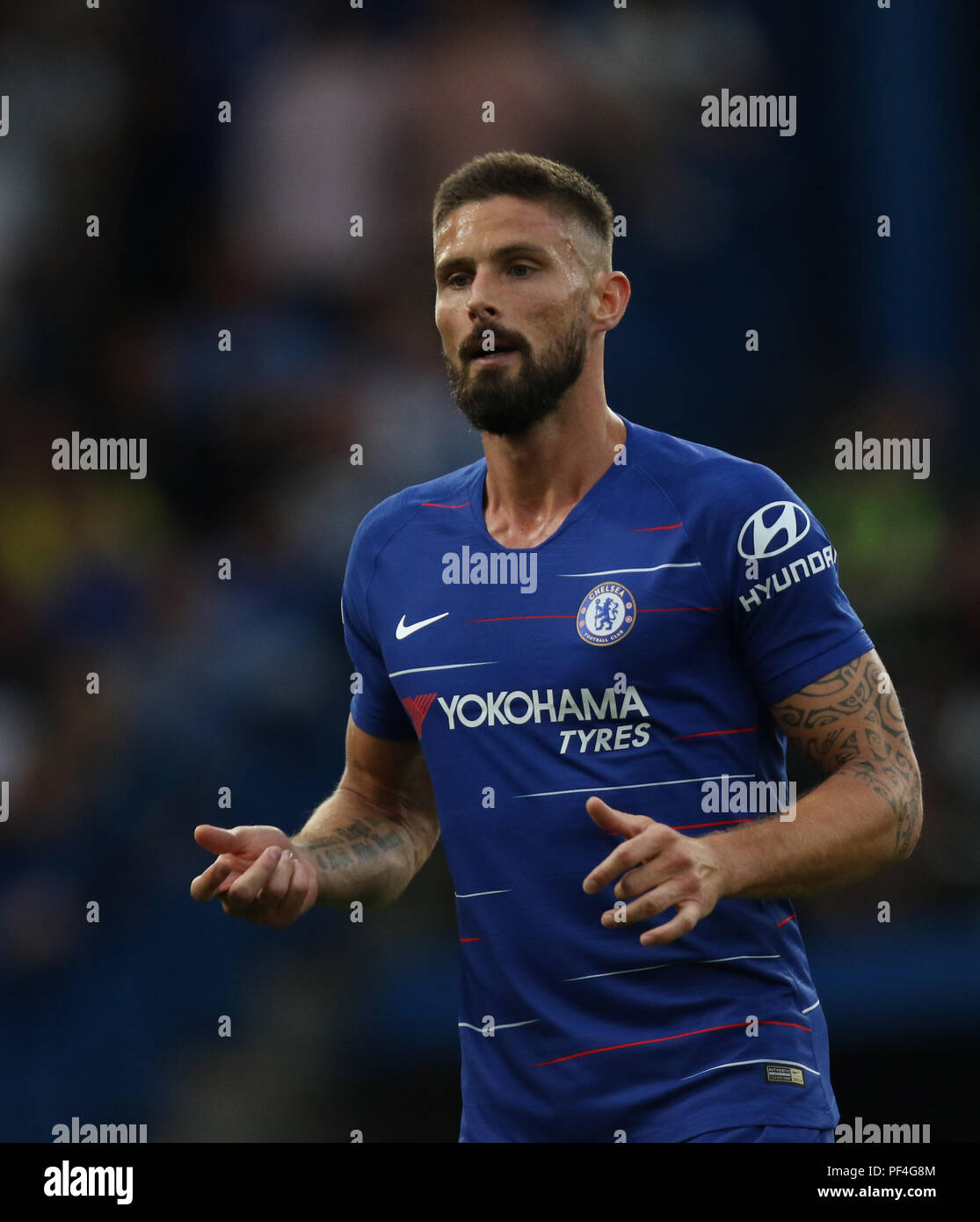 Londres, Reino Unido. 18 Aug, 2018. Olivier Giroud (C) en el Chelsea v de juegos de la Liga inglesa, en Stamford Bridge, en Londres, el 18 de agosto 2018. **
