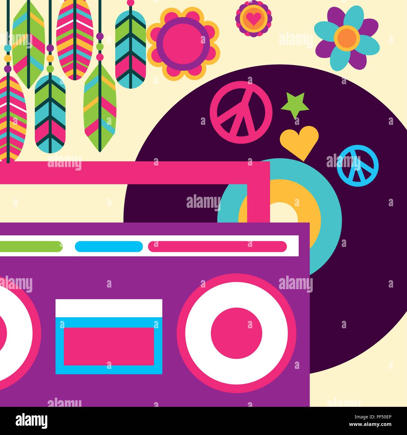Radio estéreo música de vinilo libres de espíritu hippie flores de plumas  Imagen Vector de stock - Alamy