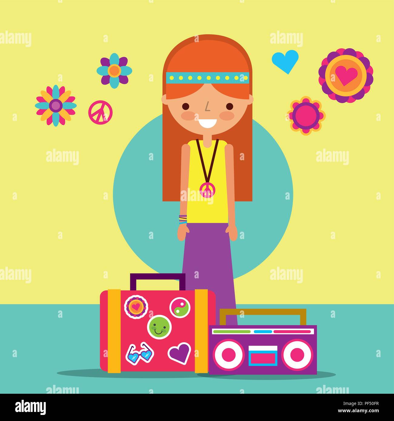 Mujer hippie con maleta y radio Free Spirit Imagen Vector de stock - Alamy