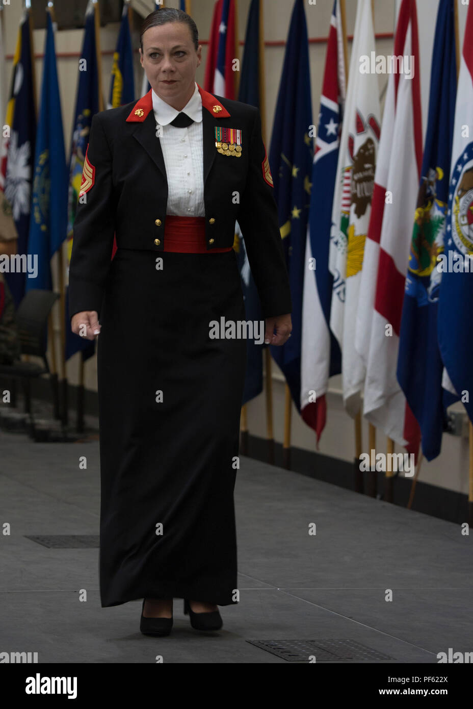 Un marine estadounidense con aviones marinos Grupo 39, 3º Marine de alas de avión, dons la noche uniforme de vestir a las mujeres Marines' 100º aniversario durante un desfile uniforme en la Un marine estadounidense con aviones marinos Grupo 39, 3º Marine de alas de avión, dons la noche uniforme de vestir a las mujeres Marines' 100º aniversario durante un desfile uniforme en la