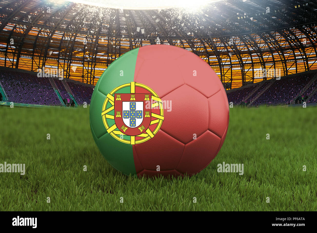 El equipo de fútbol de Portugal bola en gran estadio de fondo. Portugal  Team competencia concepto. Pabellón de Portugal en la rótula team torneo en  Portugal. 3D Render Fotografía de stock -