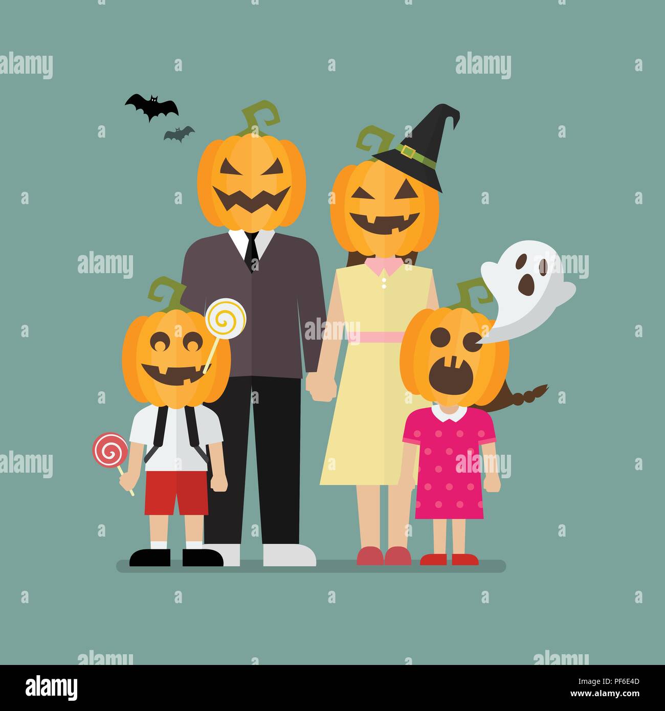 Familia de Halloween con calabaza de Halloween Disfraces. Ilustración  vectorial Imagen Vector de stock - Alamy