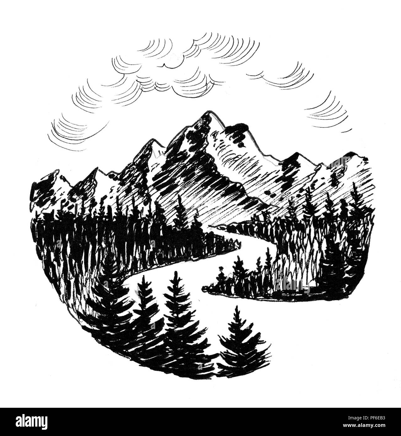 Río de montaña paisaje. Dibujo en blanco y negro de tinta Fotografía de  stock - Alamy