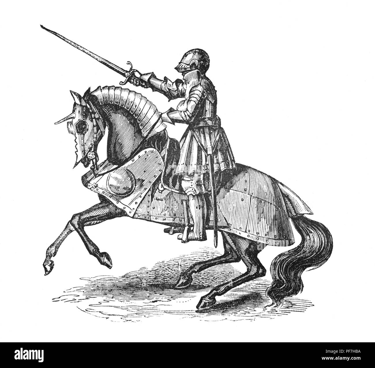 Armour durante el reinado de Enrique VIII sigue siendo notable por su creciente decoración y armeros les ofrece una gran variedad de estilos para un caballero para elegir. La ilustración muestra un caballero montado con lamboys, placas de acero que imita los pliegues del cortinaje fueron utilizados y corte para encajar en la montura y ofrecen menor protección del cuerpo. Foto de stock