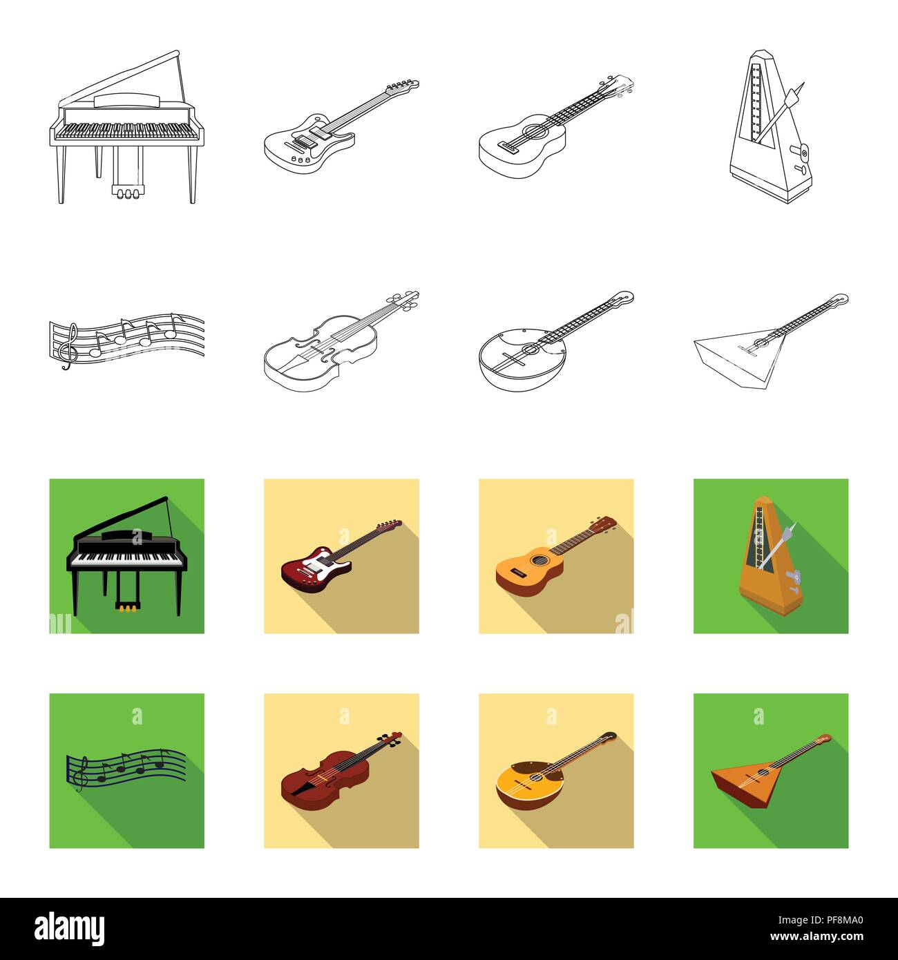 Esquema de instrumentos musicales,iconos planas en conjunto para el diseño.  Instrumento de cuerda y viento isométrica símbolo vector stock ilustración  Imagen Vector de stock - Alamy