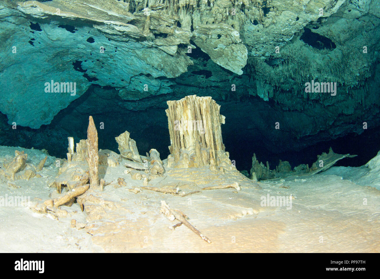 Estalagmitas en la cueva submarina Cenote Tajma Ha, Playa del Carmen, Quintana Roo, México. Foto de stock