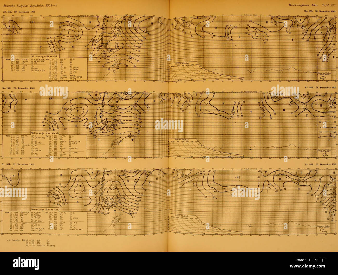 . Deutsche SÃ¼dpolar-expedición, 1901-1903, im Auftrage des Reichsamtes des Innern,. Gauss (SHIP); expediciones científicas. Deutsche SÃ¼dpolar-expedición 1901â3 St., 8li'J. 20. Dezember 1!)U3 Meteorologischer Atlas. Tafel 28S Nr. 862. 20. Dezember 1903. Â¢j 21. Dc!iÂ"Tief inbÃ¼r; 13) w 7(W 11g* ;tn* H) ^ 765 146* .Â Â"â¢ 151 ^ 7Â"TF 750* Ã¤ff" IC) . 740 170-in' fli* (NW). Por favor tenga en cuenta que estas imágenes son extraídas de la página escaneada imágenes que podrían haber sido mejoradas digitalmente para mejorar la legibilidad, la coloración y el aspecto de estas ilustraciones pueden no parecerse perfectamente a la obra original. D Foto de stock