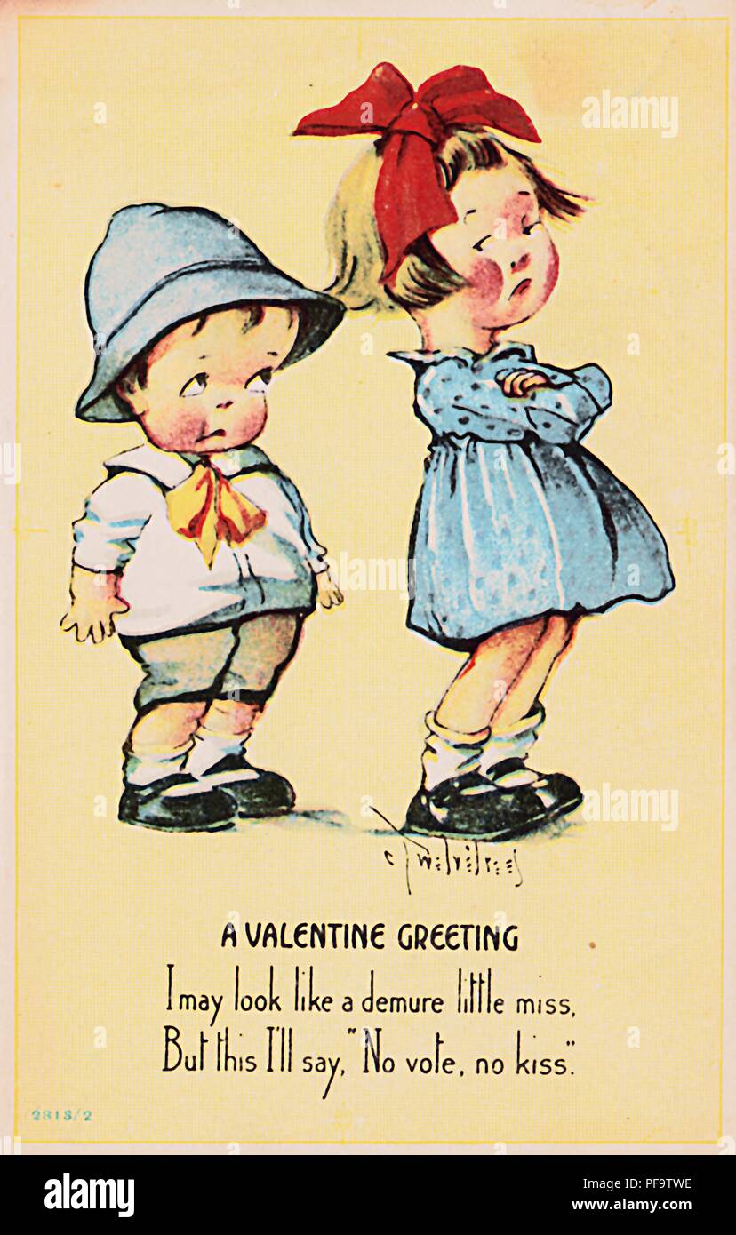 Color de tarjeta del Día de San Valentín, mostrando una pequeña niña darle la espalda a un niño pequeño, con el pro-sufragio el verso "me puede parecer un poco recatada señorita, pero yo le digo, no vota, no beso, ' publicado para el mercado americano, 1900. () Foto de stock