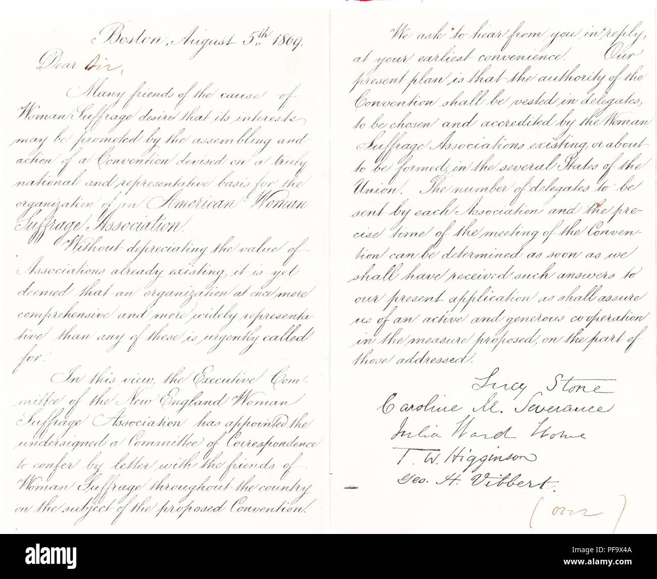 Invitación manuscrita para participar en la planificación de la formación de la Mujer, Asociación Americana de sufragio con un mensaje personal en lápiz, escrito por Julia Ward Howe en el reverso del documento, escrito en Boston, Massachusetts, y fechada el 5 de agosto de 1869. () Foto de stock