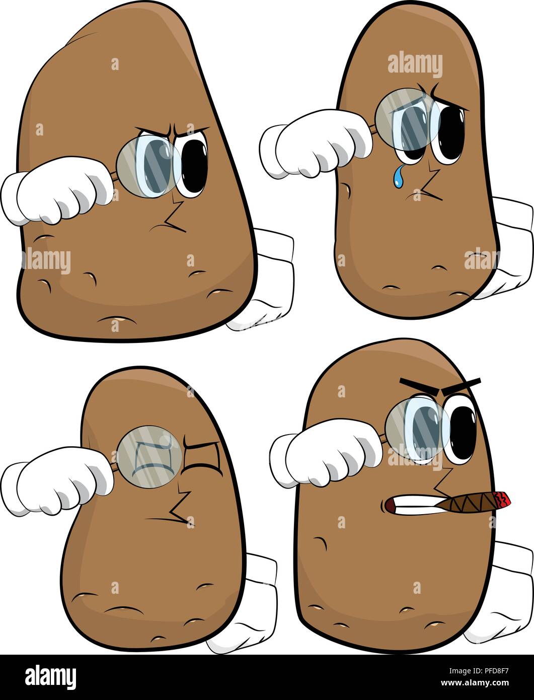 Patatas sosteniendo una lupa. Dibujos animados Colección de patata con  rostros tristes y enojados. Vector de expresiones Imagen Vector de stock -  Alamy