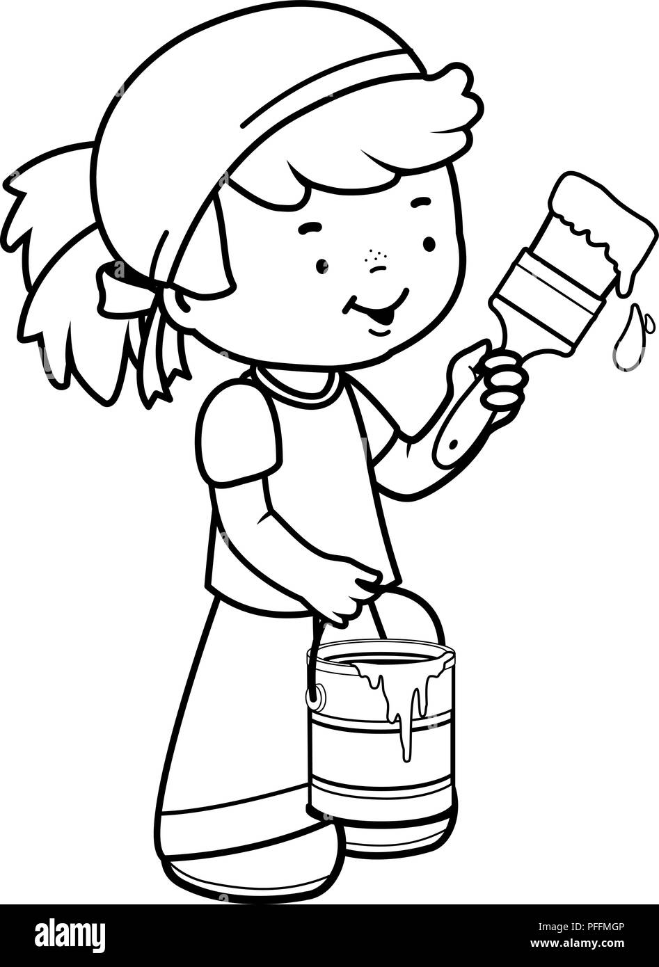 Chica sujetando un pincel y cuchara. Libro para colorear de blanco y negro  página Imagen Vector de stock - Alamy