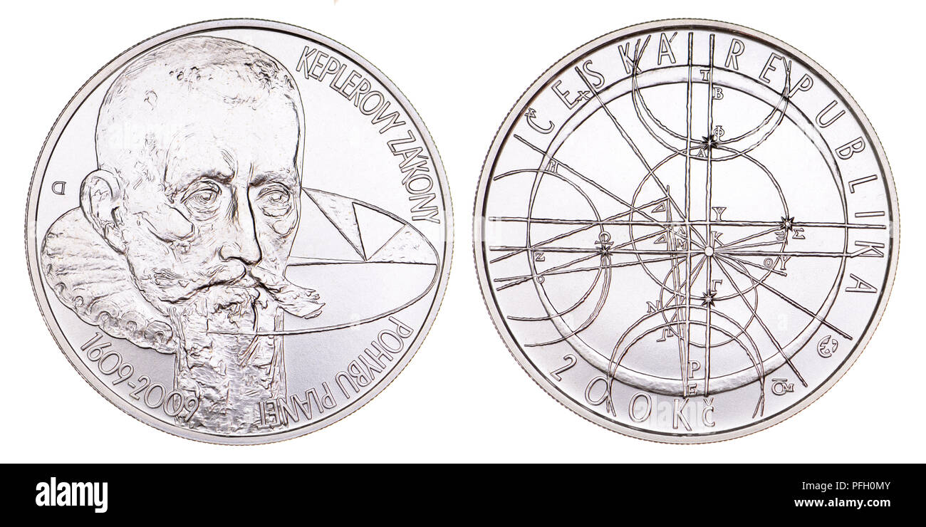 200Kc moneda conmemorativa de plata de la República Checa. 400º aniversario de la formulación de la ley de Kepler de los movimientos planetarios Foto de stock