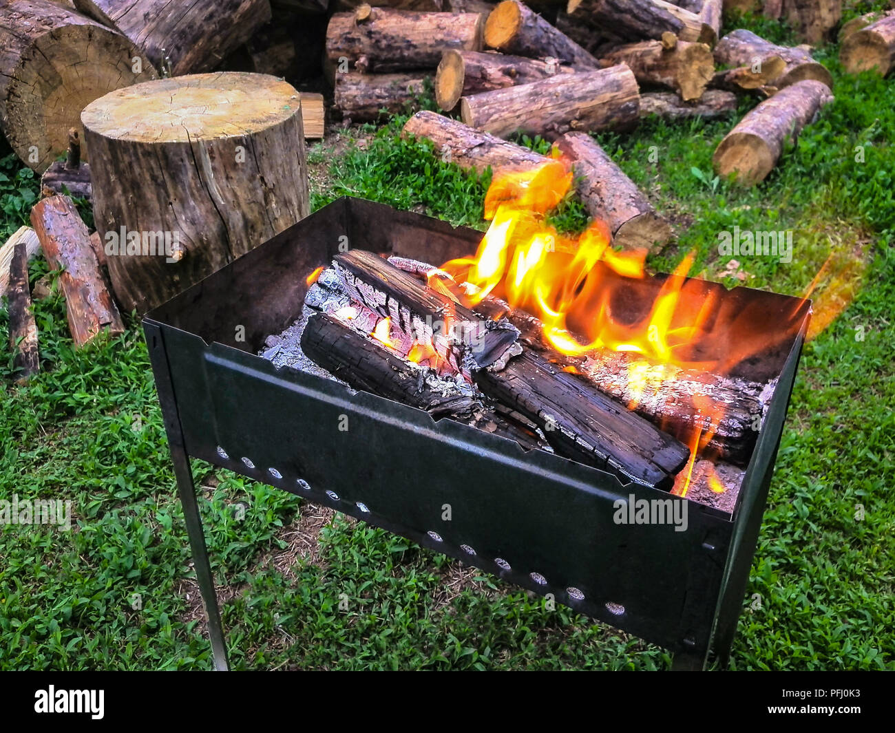 Un Camping Barbacoa portátil con llamas, pila de leña alrededor, hierba  verde Fotografía de stock - Alamy