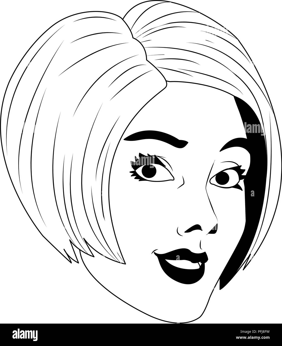 Mujer Rostro Pop Art Caricatura En Blanco Y Negro Imagen Vector De