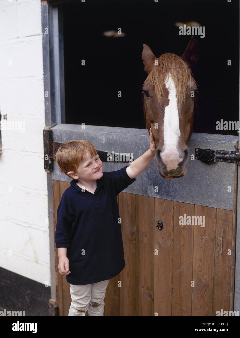 Chico tocando frente a un caballo cuya cabeza está inclinado sobre la puerta estable Foto de stock