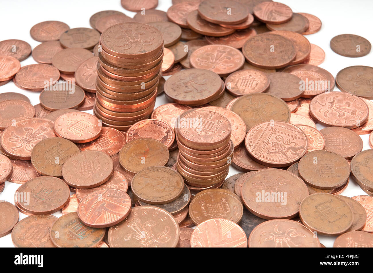 Uno peniques y dos peniques monedas Foto de stock