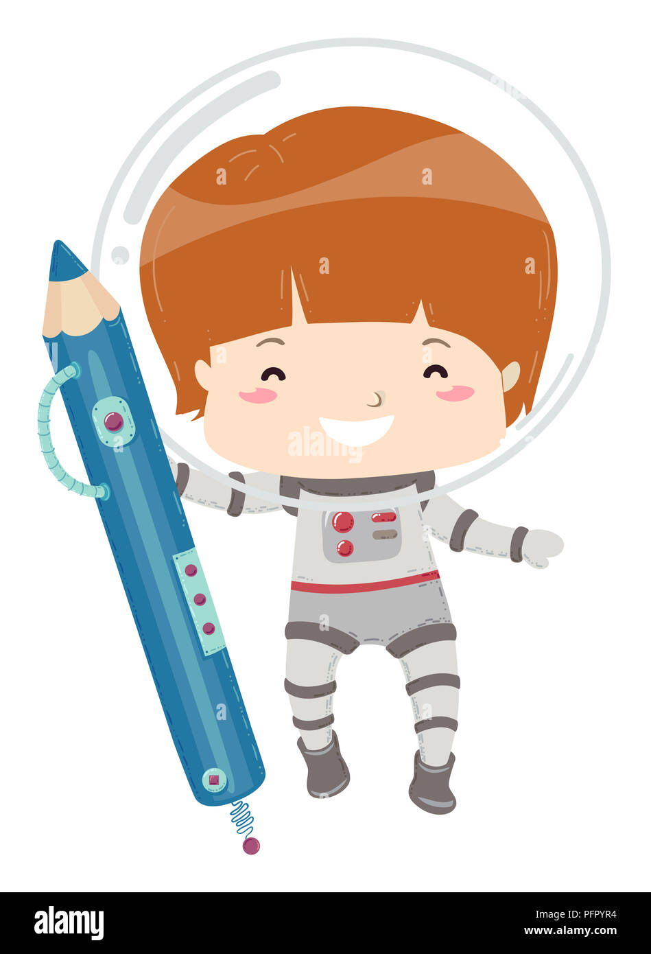 Ilustración de un niño chico en traje de astronauta sosteniendo un lápiz  futurista azul Fotografía de stock - Alamy