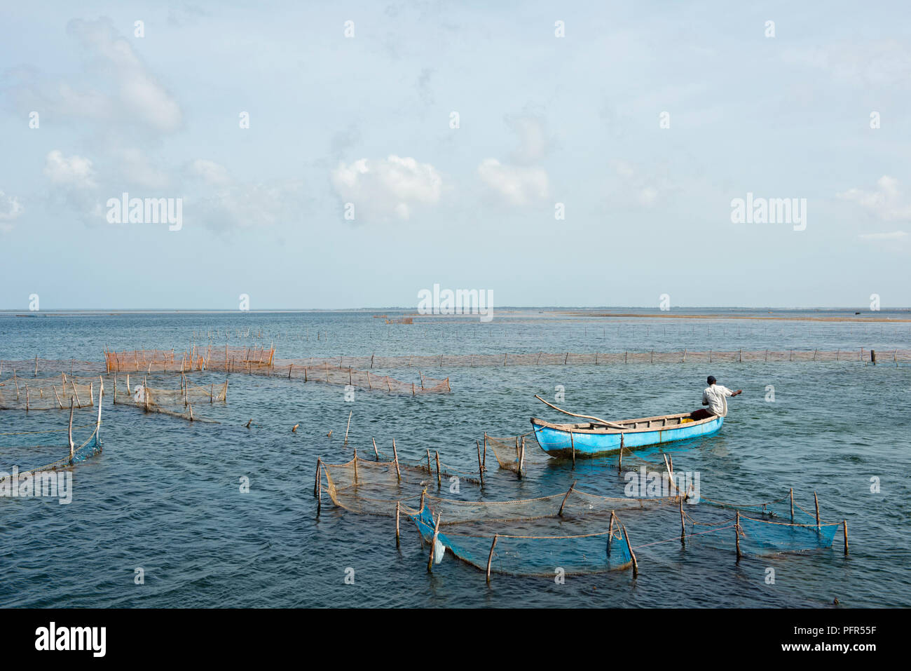 Sri Lanka, en la Provincia Nororiental, Jaffna, Kayts, pescador pescando en el mar Foto de stock