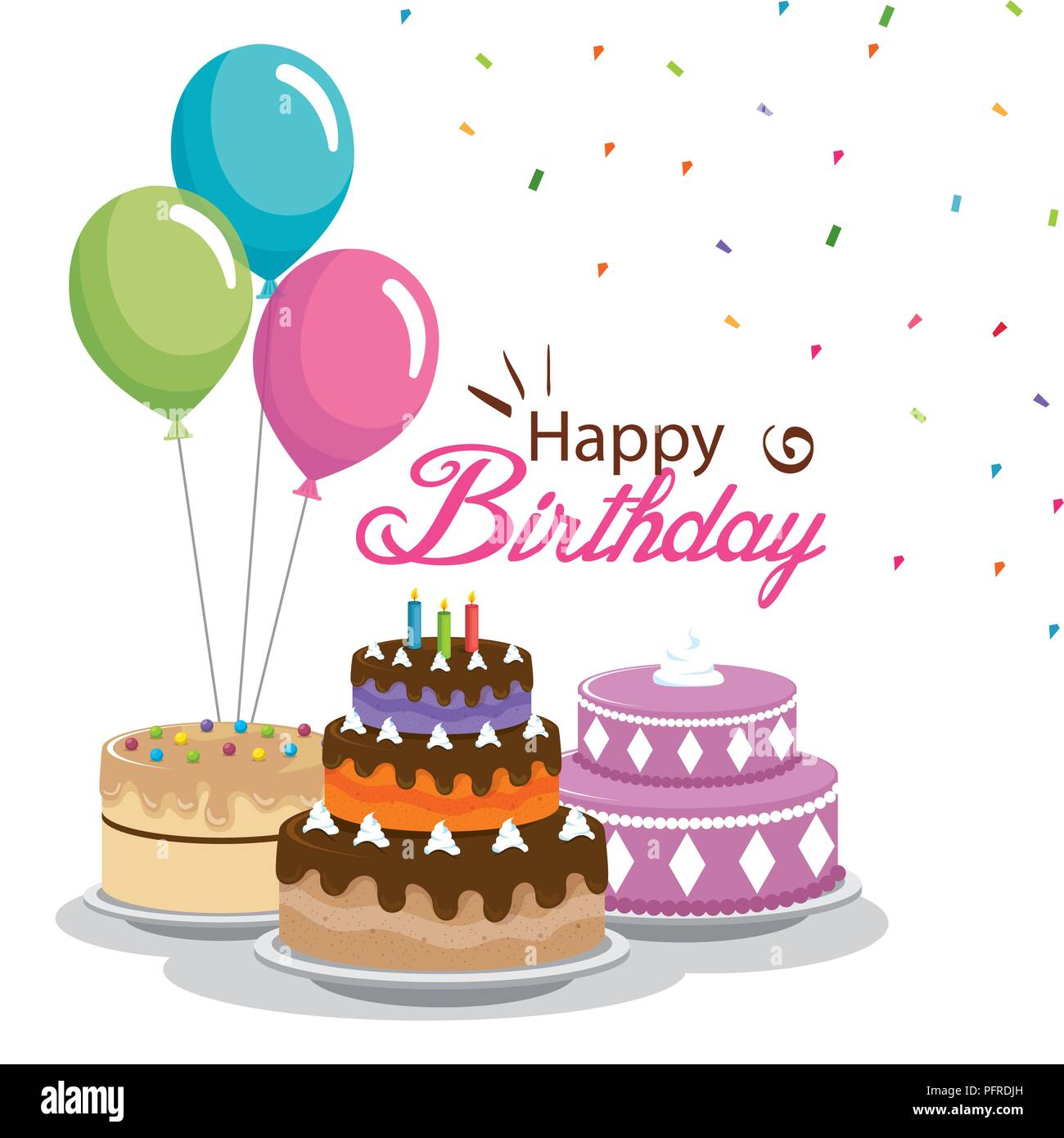 Tarjeta de Feliz cumpleaños con torta y globos de helio Imagen Vector de  stock - Alamy