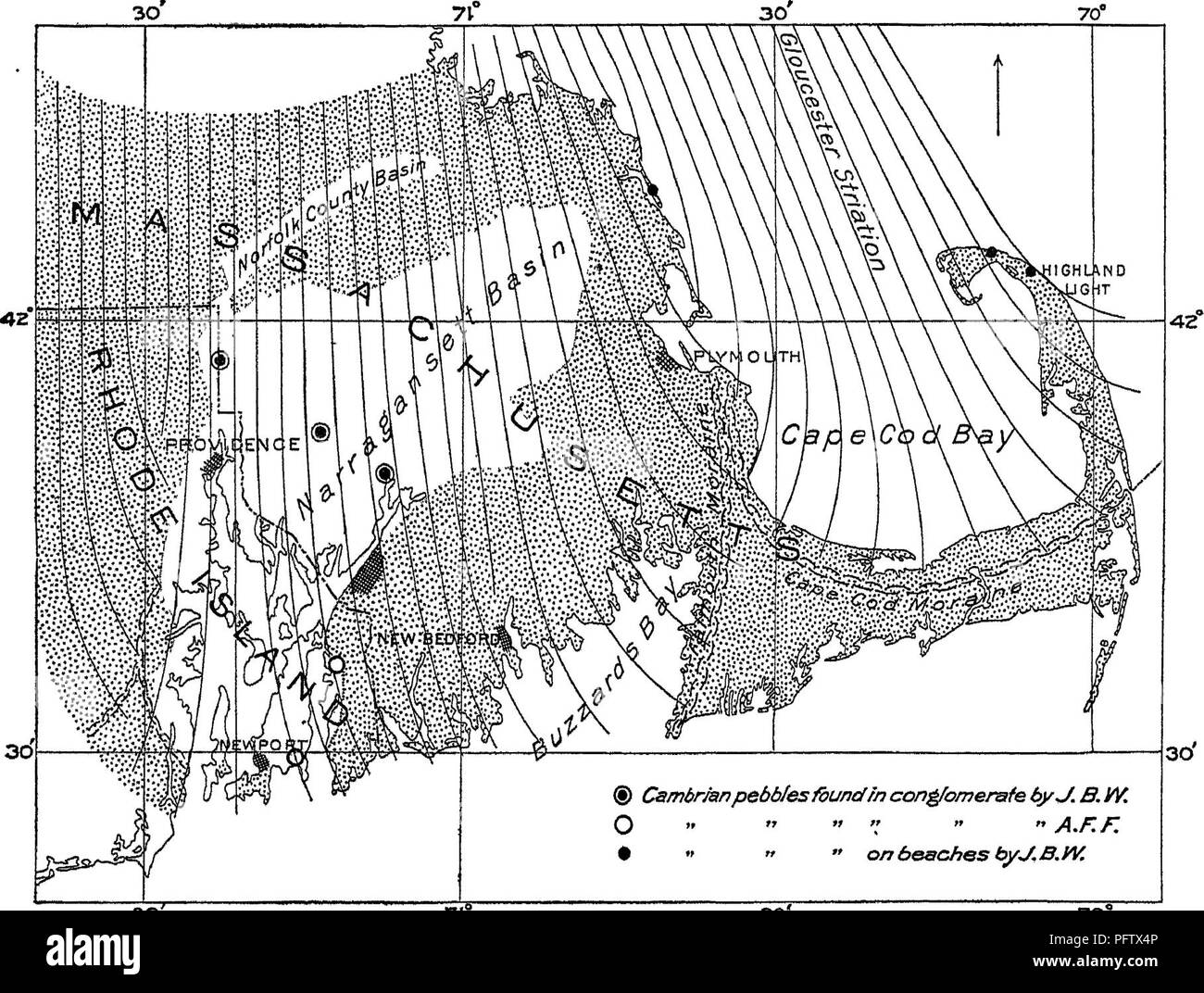 . Geología de la cuenca de Narragansett. Geología. 110 GEOLOGÍA DEL NAEEAGANSBTT BASIK. monografía. Ahora, Obolns Lingulse (véase la pág. 113) fueron encontrados en un guijarro en el Carbonífero, conglomerado rojo en la ribera oriental del Abades, entre Lanesville Ehode Arnolds y molinos, isla. Hacia el este un guijarro Obolus fue encontrado en la playa cerca de Marshfield, Massachusetts, junto con un gran fragmento de cuarcitas llevando el largo, paralelo estrechamente conjunto madrigueras de ScoUthus linearis. Ambos de estos fragmentos se encontraban dentro de la gama nossible. 30 71 30 70^ I'IG. 5.-Croquis de distribución de guijarro Cámbrico superior Foto de stock