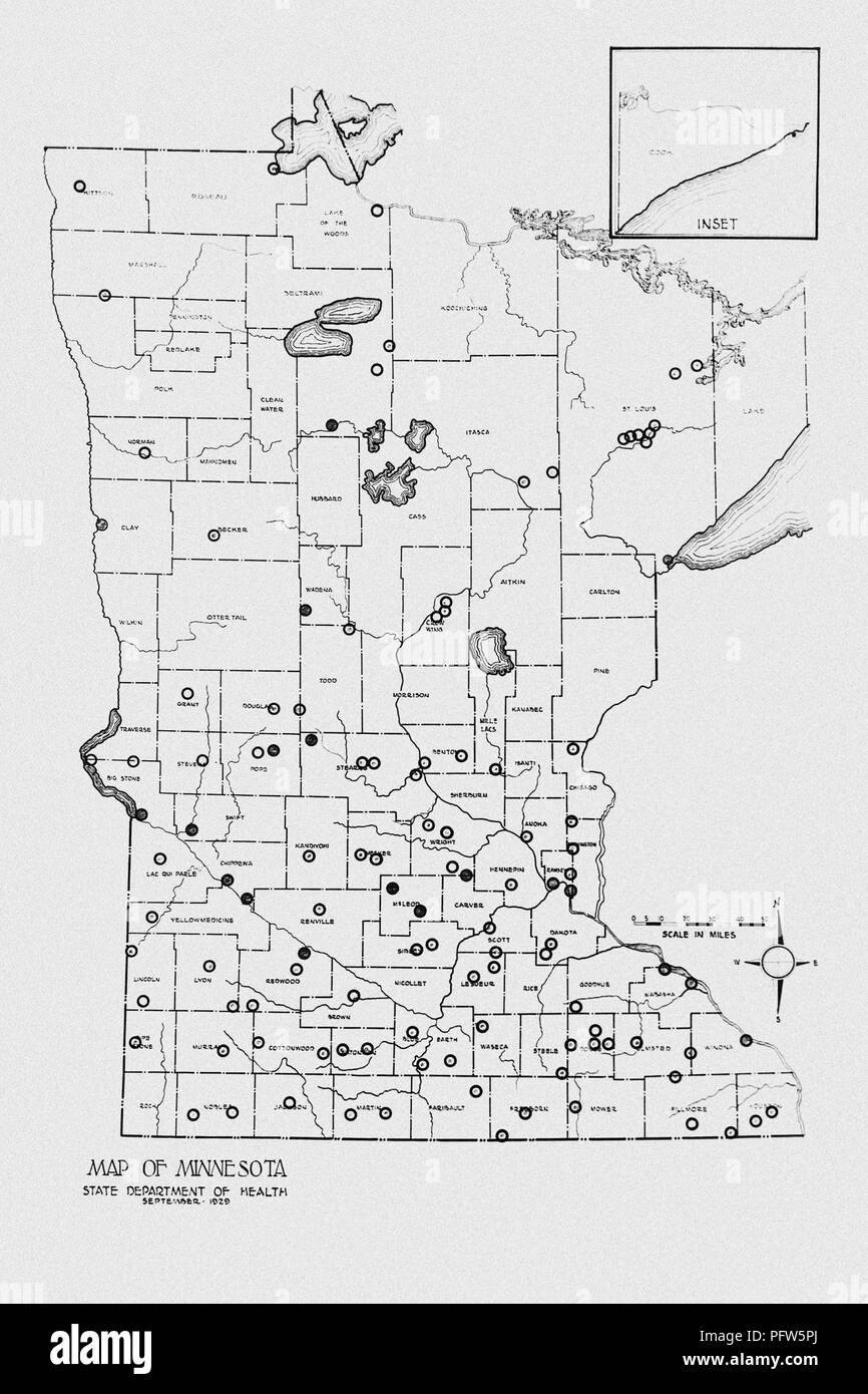 Mapa de localización de las plantas de tratamiento de aguas residuales de Minnesota en ese momento, mejoradas digitalmente un dibujo instruccionales coloreada, 1935. Imagen cortesía de los Centros para el Control de Enfermedades (CDC) / Departamento de Salud de Minnesota, R.N. Biblioteca Barr, bibliotecarios Melissa Rethlefsen y Marie Jones. () Foto de stock