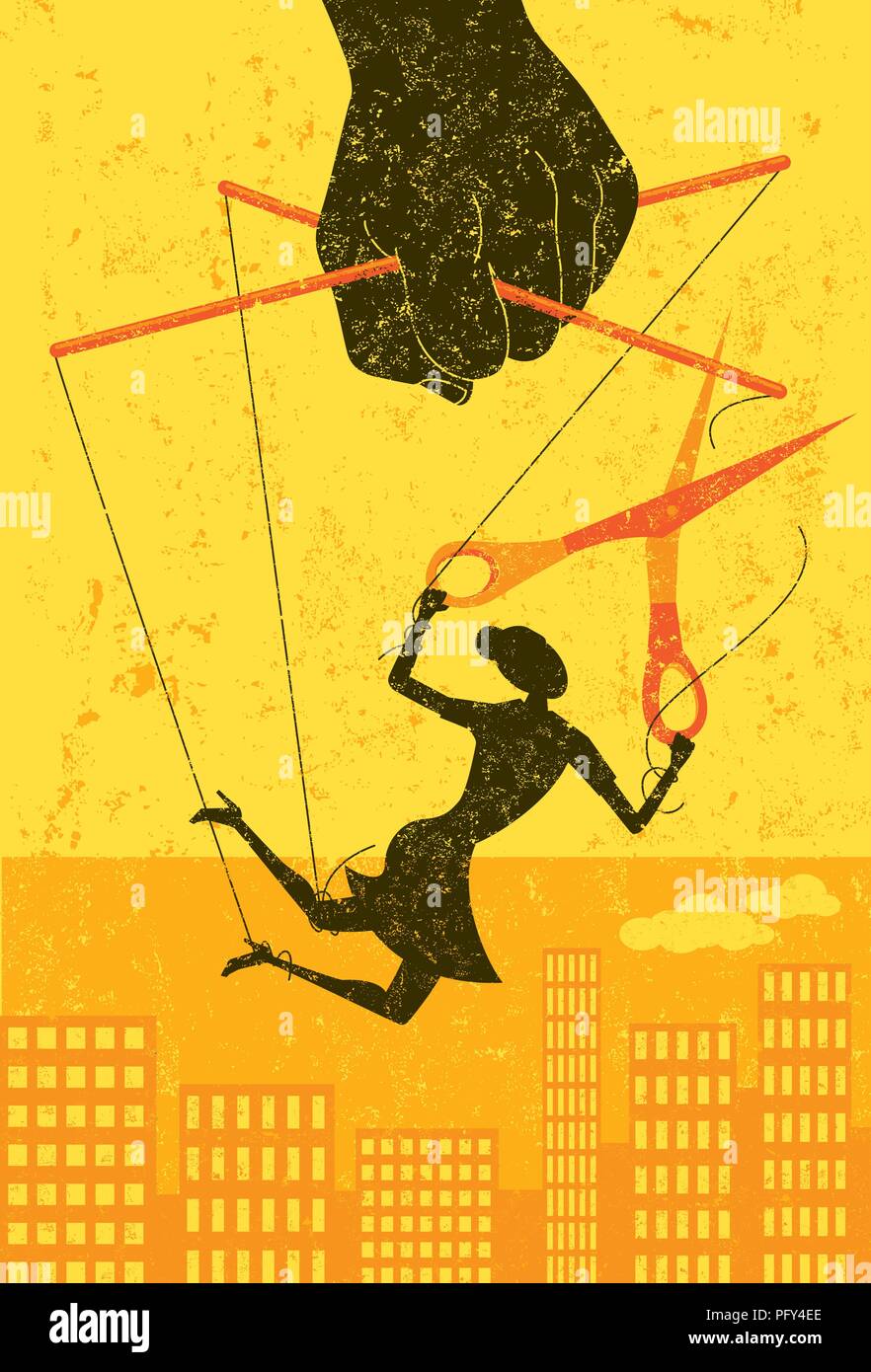 Escapar de un control de jefe. Una empresaria, retratado como un títere en una cadena, cortes a sí misma fuera de control manipuladora para ganar su libertad. Ilustración del Vector