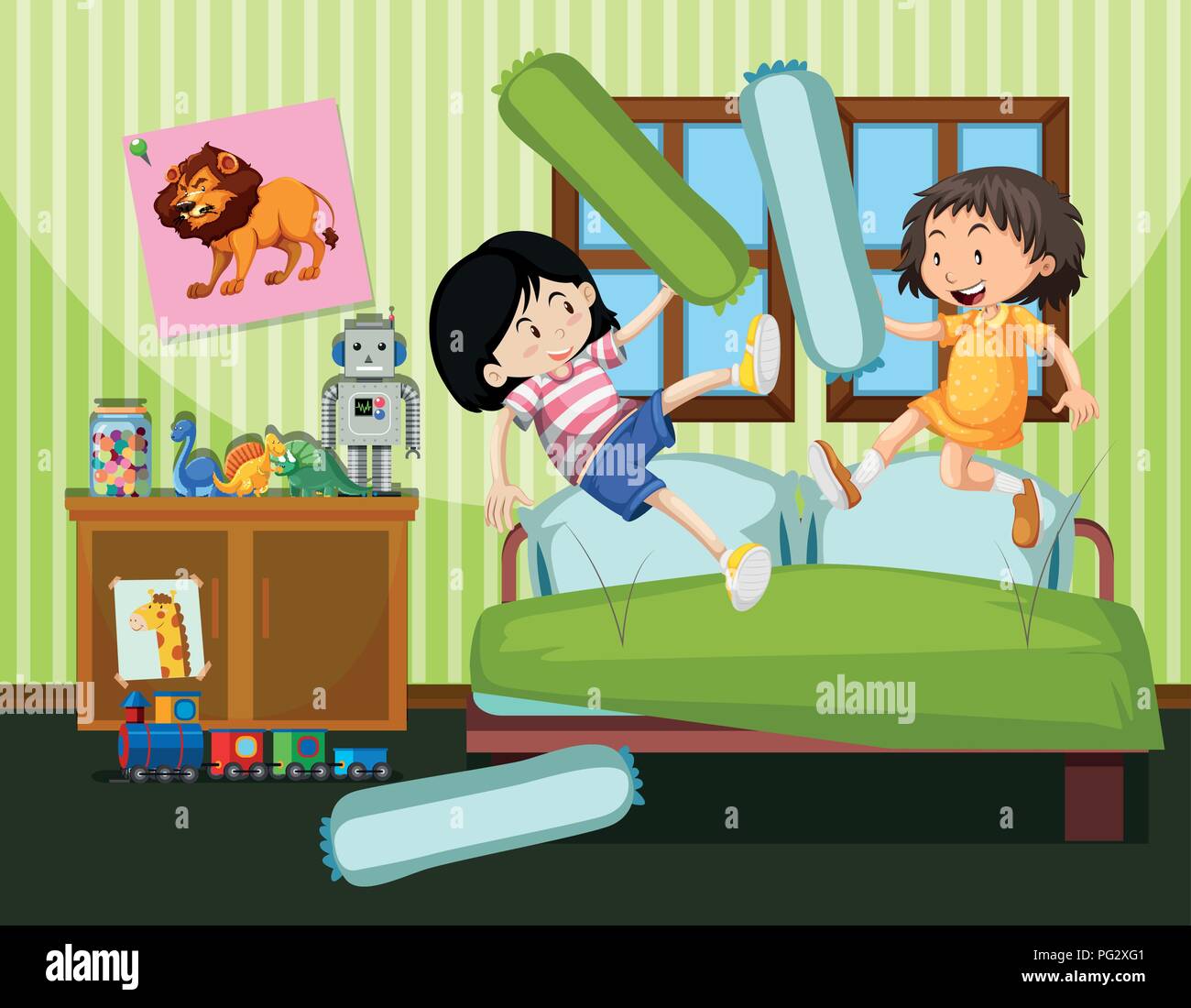 Dos niñas con una almohada lucha ilustración Ilustración del Vector