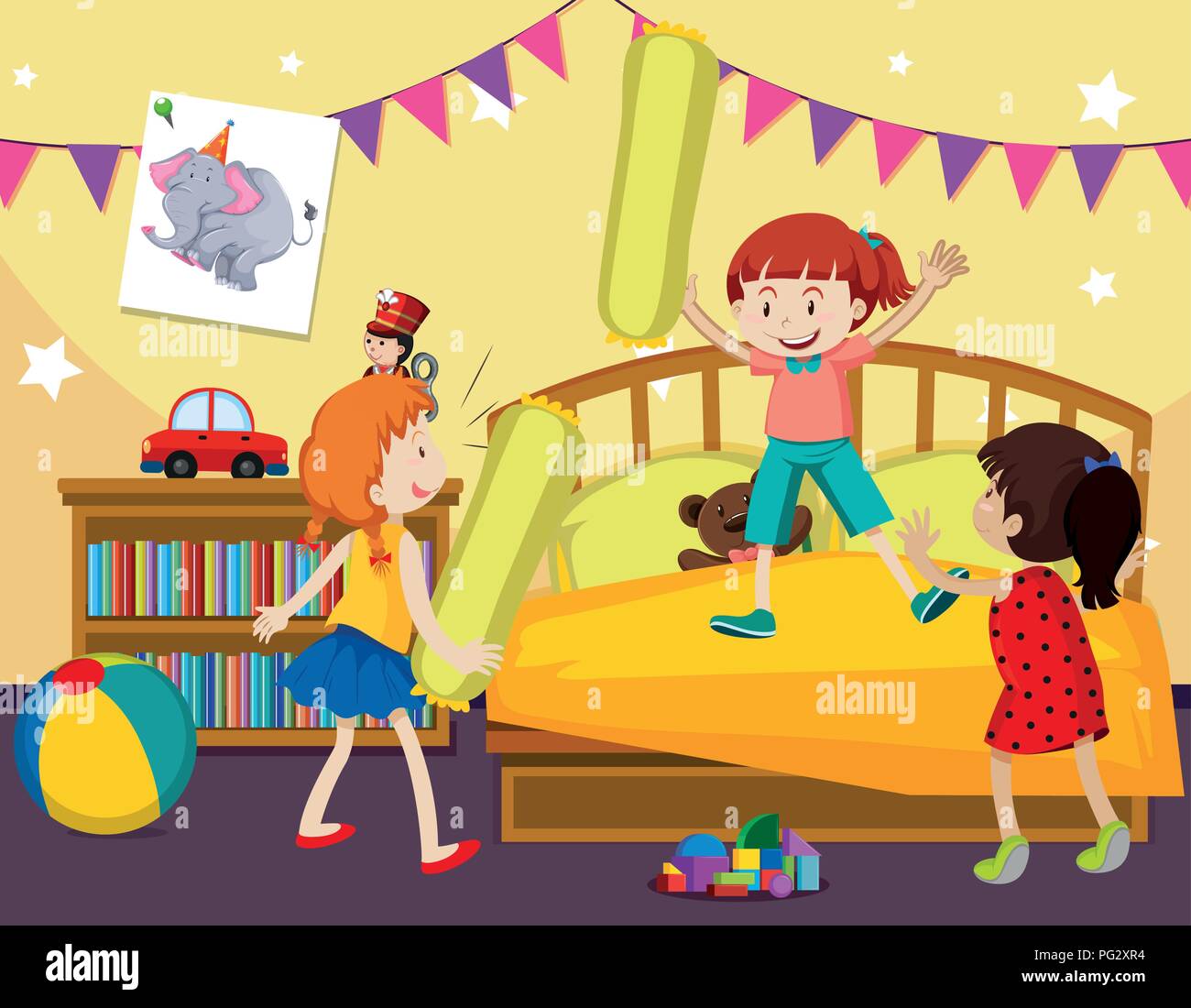 Los niños juegan almohada lucha en dormitorio ilustración Ilustración del Vector